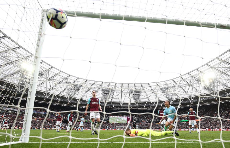 Manchester City’s Gabriel Jesus scores his side’s third goal against West Ham