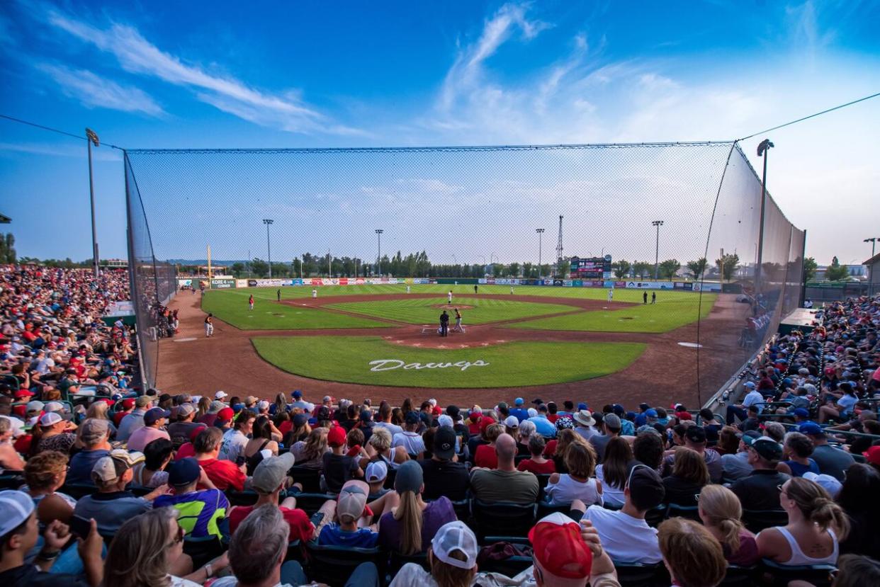 A view of the field and stands from the 2022 all-star game at Seaman Stadium in Okotoks, Alta. (Submitted by Okotoks Dawgs - image credit)