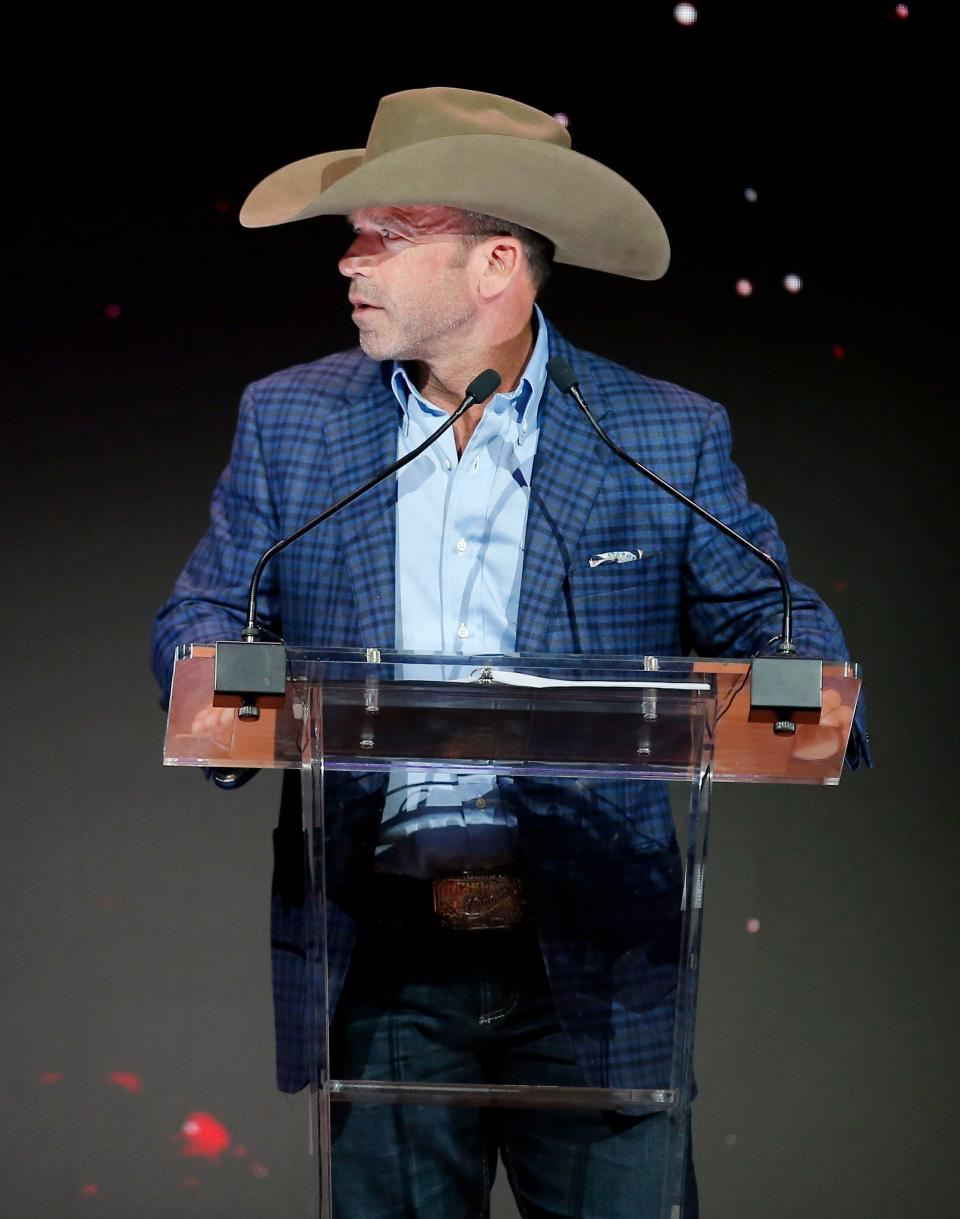 Taylor Sheridan accepts the award for Outstanding Fictional Drama Presentation for "1883" Season 1, Episode 1 during the Western Heritage Awards at the National Cowboy & Western Heritage Museum in Oklahoma City, Saturday, April, 9, 2022.  