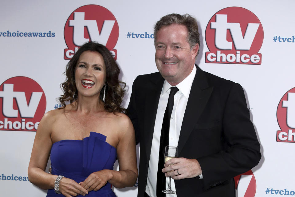 TV Presenters Susanna Reid and Piers Morgan pose for photographers on arrival at the TV Choice Awards in central London on Monday, Sept. 9, 2019. (Photo by Grant Pollard/Invision/AP)