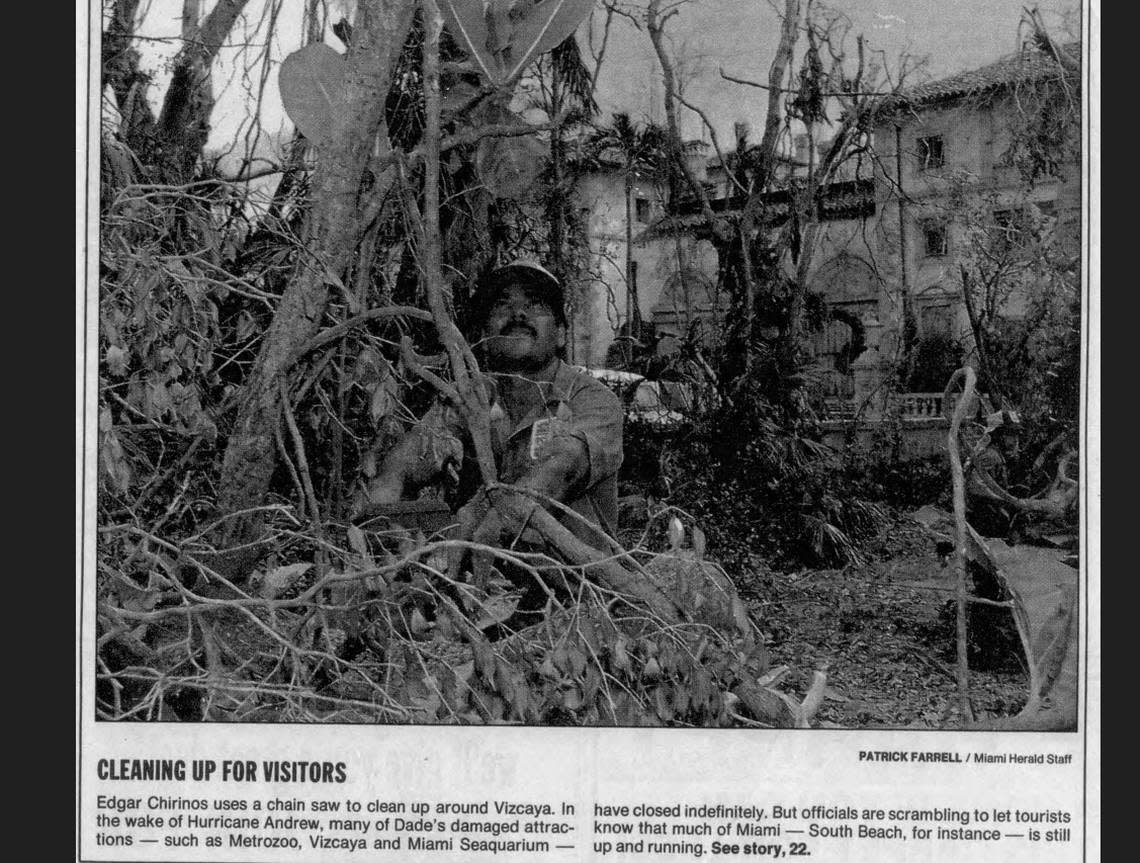 Edgar Chirinos uses a chain saw to clean up around Vizcaya in this photo that was published Sept. 13, 1992, in the Miami Herald. The property was one of several Miami-Dade attractions that were damaged by Hurricane Andrew, which struck on Aug. 24, 1992.