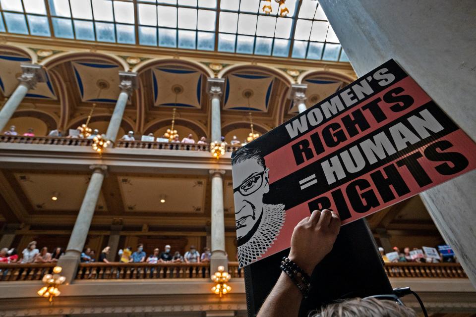 Protesters make their voices heard during the ACLU pro-choice rally at the Indiana Statehouse, Monday, July 25, 2022 in Indianapolis, Ind.  Legislators gathered for a special discussion to discuss abortion legislation.