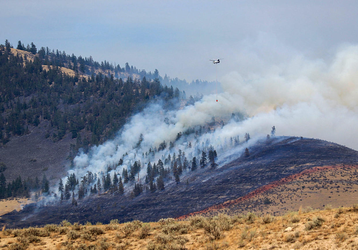 Helicopter crew battles wildfire burning in forest and rangeland. (Don & Melinda Crawford / UCG / Universal Images Group via Getty Images file)