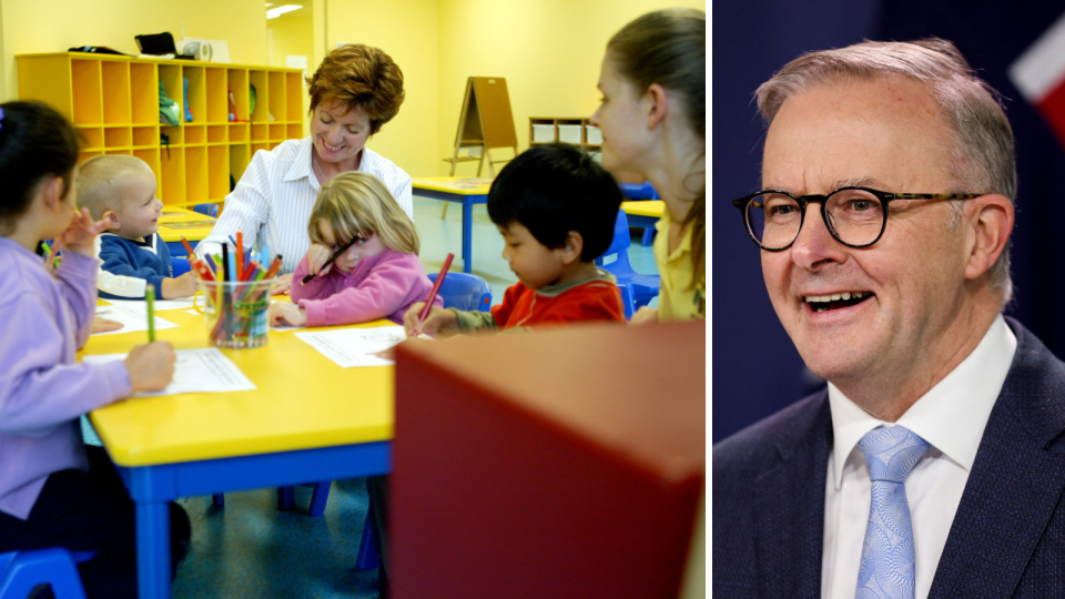 A composite image of kids at a childcare facility and Prime Minister Anthony Albanese.