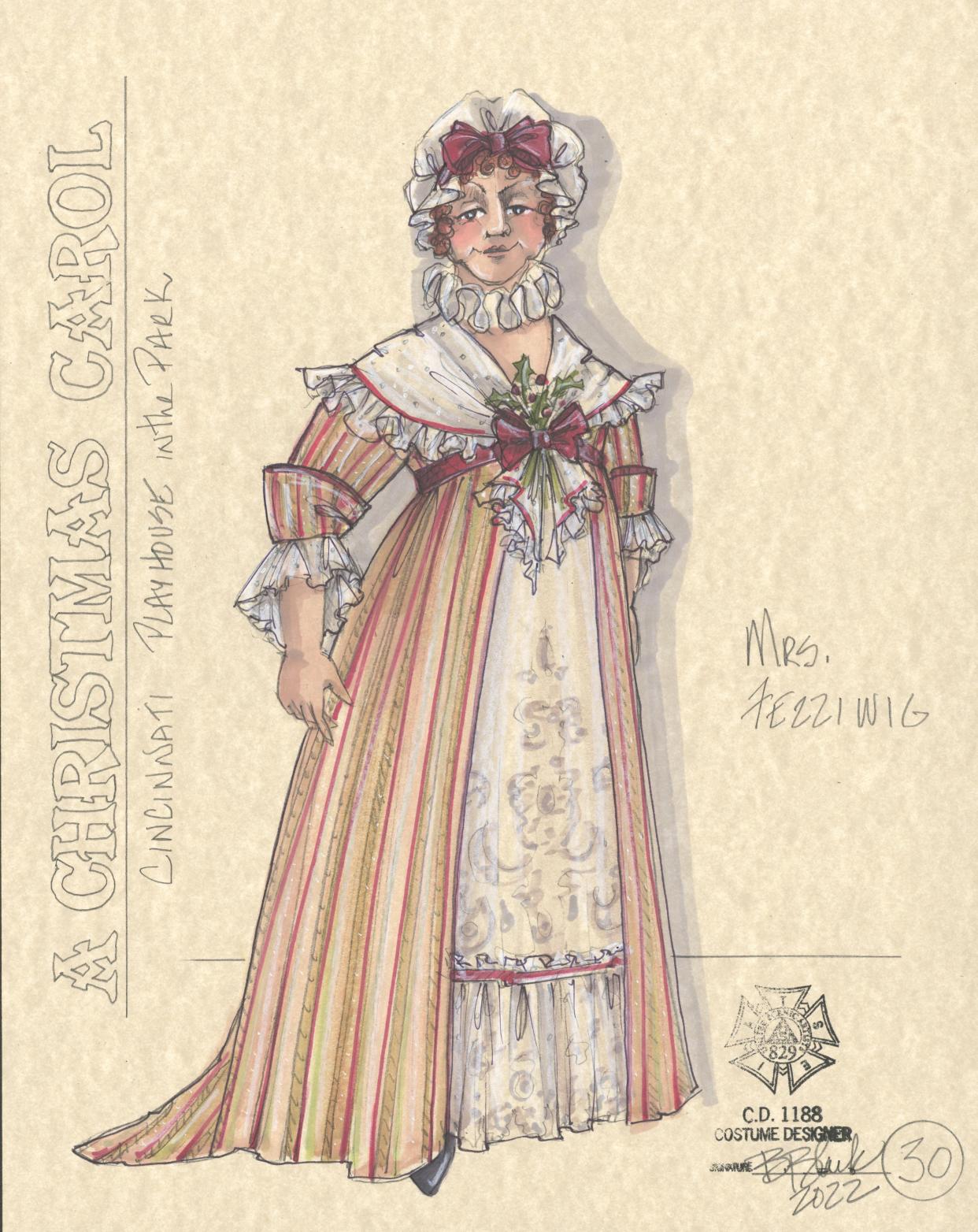 Designer Bill Black’s sketch of the costume to be worn by actor Burgess Byrd when she plays Mrs. Fezziwig in the Playhouse in the Park’s new adaptation of “A Christmas Carol.”