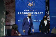 President-elect Joe Biden and Vice President-elect Kamala Harris arrive at an event to introduce their nominees and appointees to economic policy posts at The Queen theater, Tuesday, Dec. 1, 2020, in Wilmington, Del. (AP Photo/Andrew Harnik)