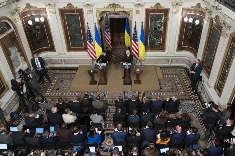 U.S. President Joe Biden and Ukrainian President Volodymyr Zelensky participate in a news conference in Washington on Tuesday. Photo by Chris Kleponis/UPI