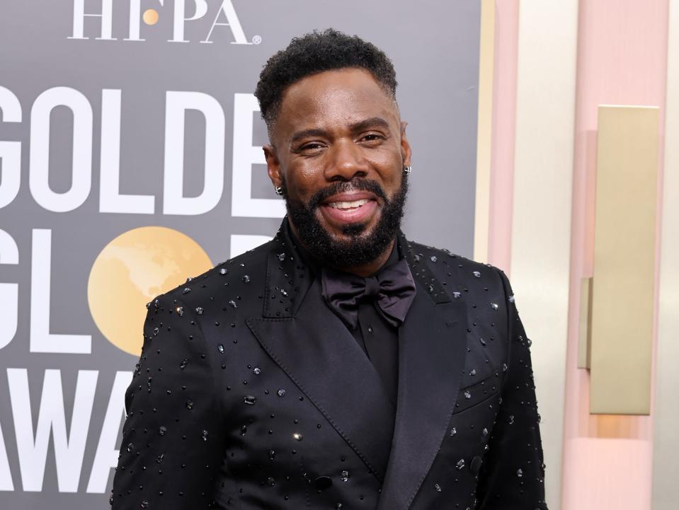 Colman Domingo wearing a black suit with crystals at the 2023 golden globes