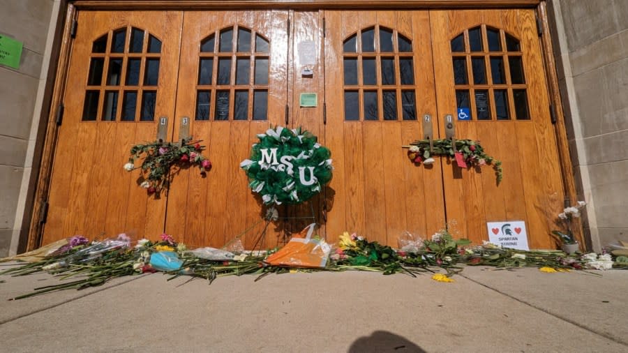 A memorial outside of Berkey Hall on Michigan State University’s campus as students return to class on Feb. 20, 2023.