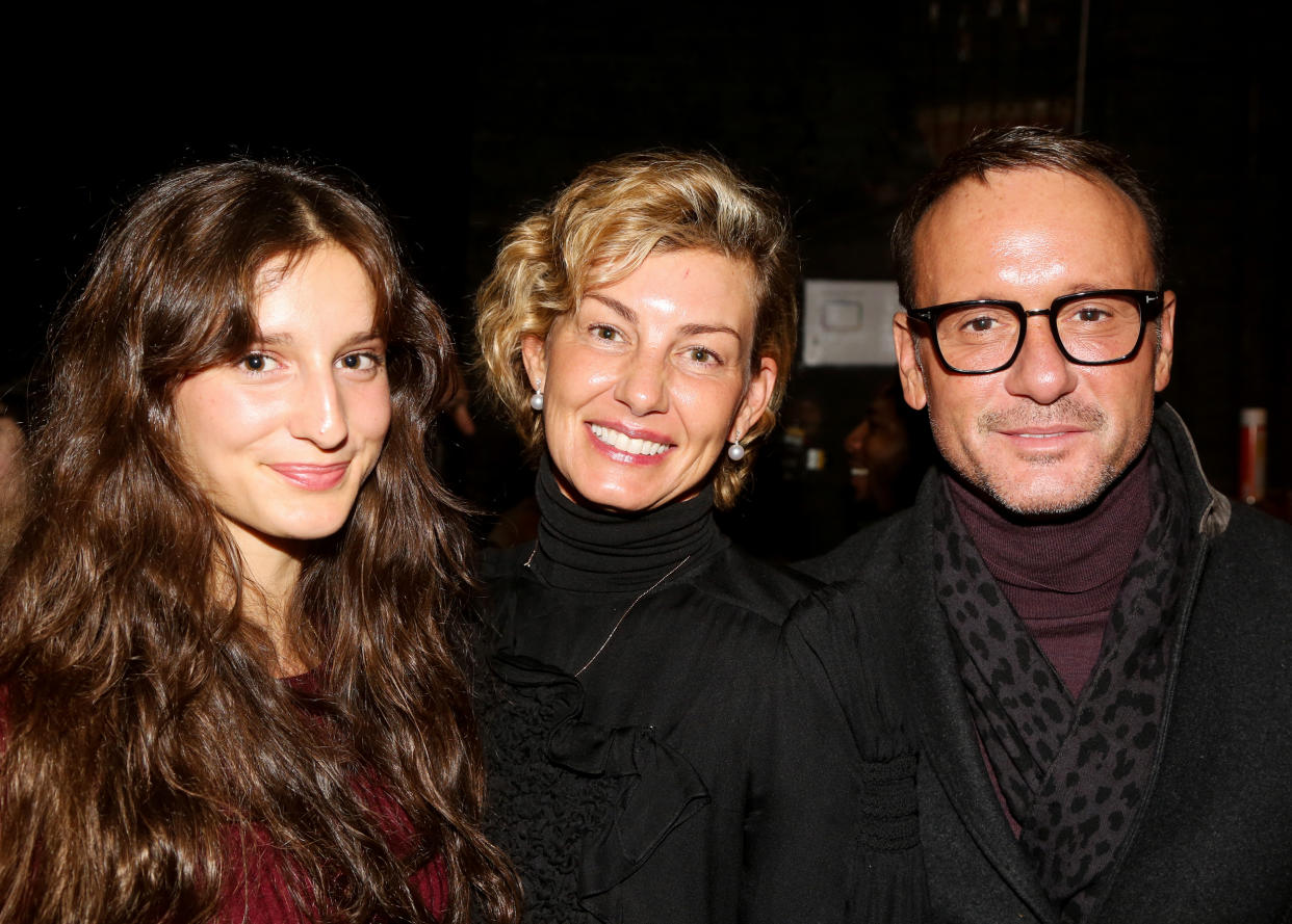 Audrey Caroline McGraw, left, mother Faith Hill and father Tim McGraw backstage at the Broadway musical 