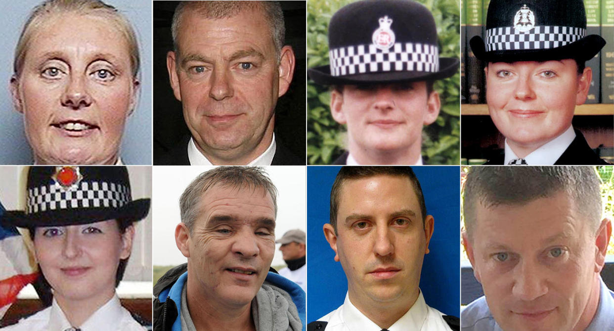 Killed on duty: (Top row l-r): Pc Sharon Beshenivsky, Pc Richard Gray, Pc Alison Armitage, Kirsty Nelis, (bottom row) Pc Nicola Hughes, Pc David Rathband, Pc David Phillips and Pc Keith Palmer are among the police officers who've lost their lives on the front line. (PA)