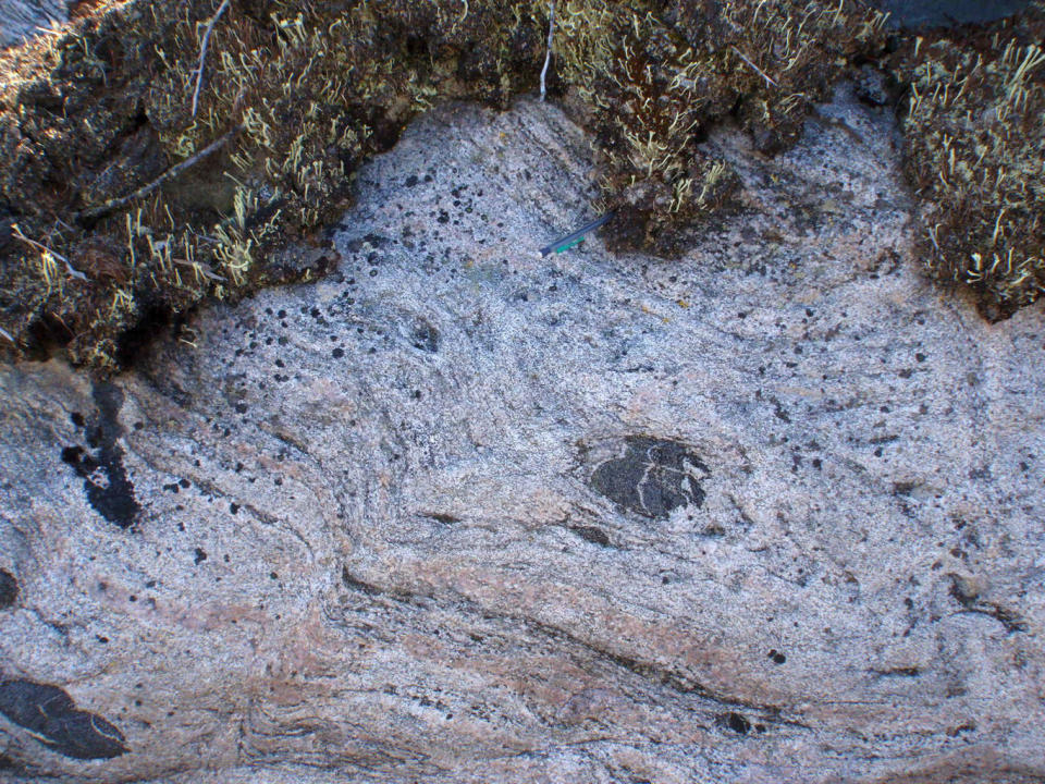 A close-up of 2.7 billion-year-old granite from the Hudson Bay. These rocks are apparently the second generation of rocks on Earth: Their parent rock was around 4.3 billion years old. <cite>Isabelle Lafrance</cite>