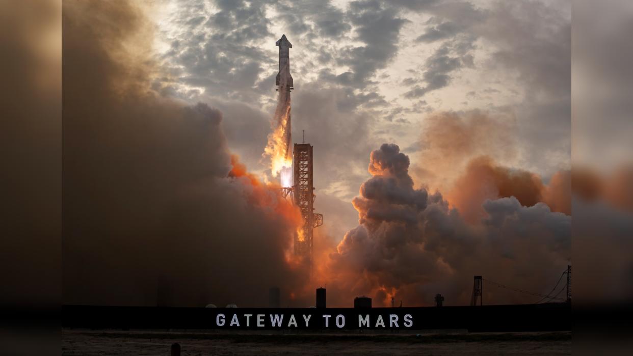  A rocket lifts off, creating a dark cloud of smoke and dust. 