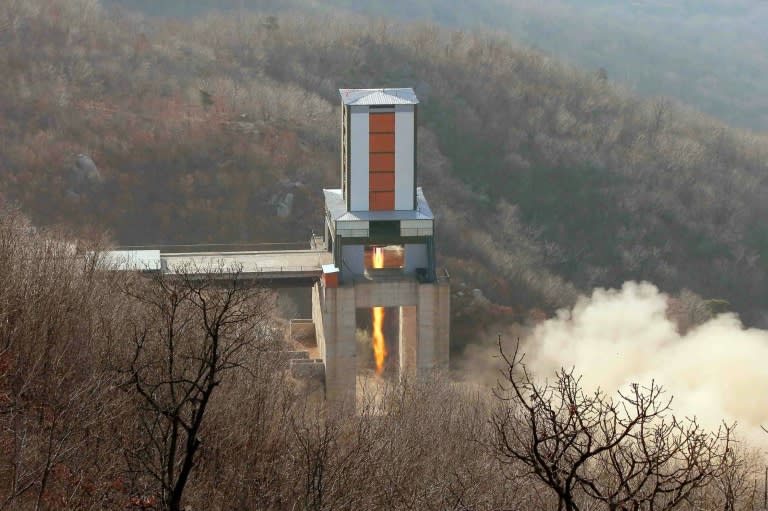 A ground jet test of a high-power engine of inter-continental ballistic rocket takes place at the Sohae Space Center in North Korea's North Pyongan Province, in April 2016