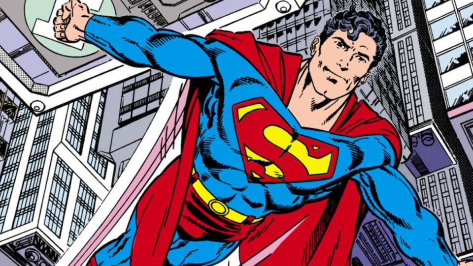 Superman soars into the sky, art by John Byrne.