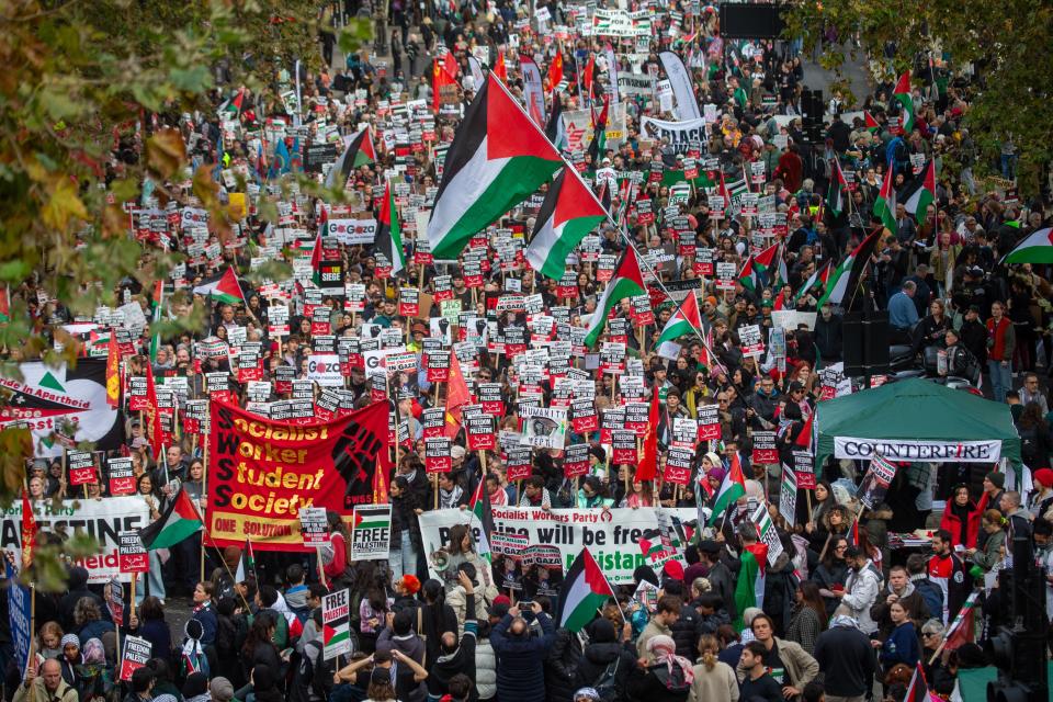 People protest during a National March for Palestine organized by the Palestine Solidarity Campaign in London (EPA)