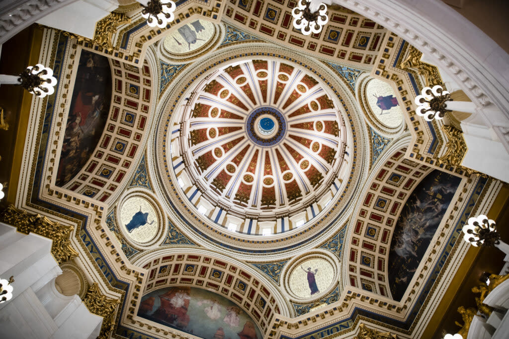 The ceiling of the main Rotunda inside Pennsylvania’s Capitol building. May 24, 2022. Harrisburg, Pa. (Photo by Amanda Berg, for the Capital-Star).