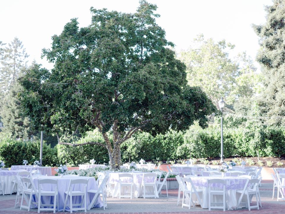Outdoor wedding reception with trees in the background, and white tables and chairs. String lights have been hung but have not been turned on as it is day time.