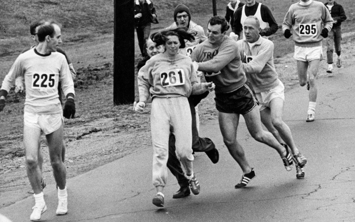 Women's rights campaigner Kathrine Switzer was attacked by an official who tried to remove her from the Boston Marathon in 1967  - Boston Globe