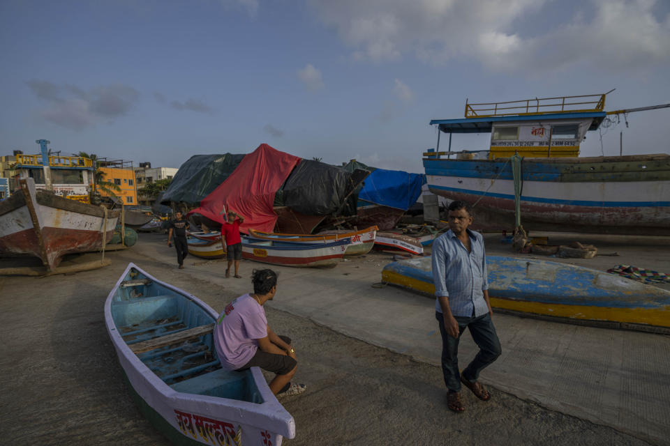 Fishing boats are anchored at Juhu Koliwada in Mumbai, India, Monday, June 12, 2023. Cyclone Biparjoy, the first severe cyclone in the Arabian Sea this year is set to hit the coastlines of India and Pakistan Thursday. (AP Photo/Rafiq Maqbool)