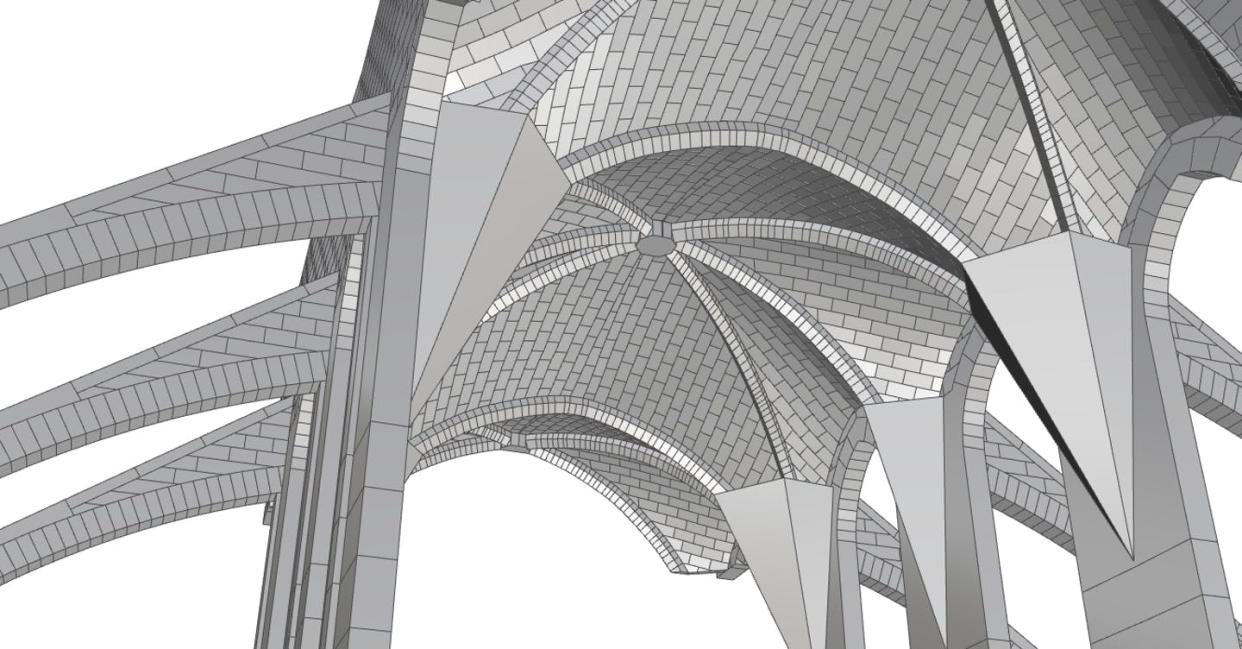 Structure en pierres de taille d’un ensemble voûte/arcs-boutants du chœur de Notre-Dame. Ici, le maillage utilisé dans certaines simulations. Maurizio Brocato et Paul Nougayrede, GSA Paris-Malaquais, Fourni par l'auteur