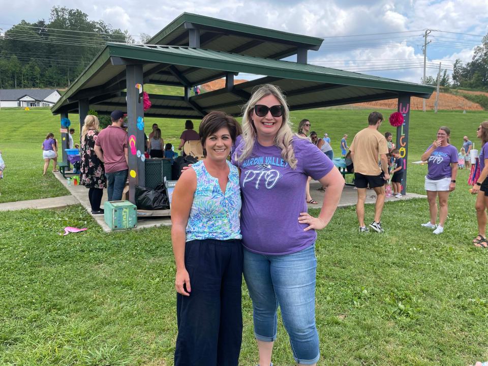 School board member Betsy Henderson stops by with PTO president Audra Caylor at the annual Hardin Valley Elementary School Popsicle Party on Sunday, Aug. 14, 2022.