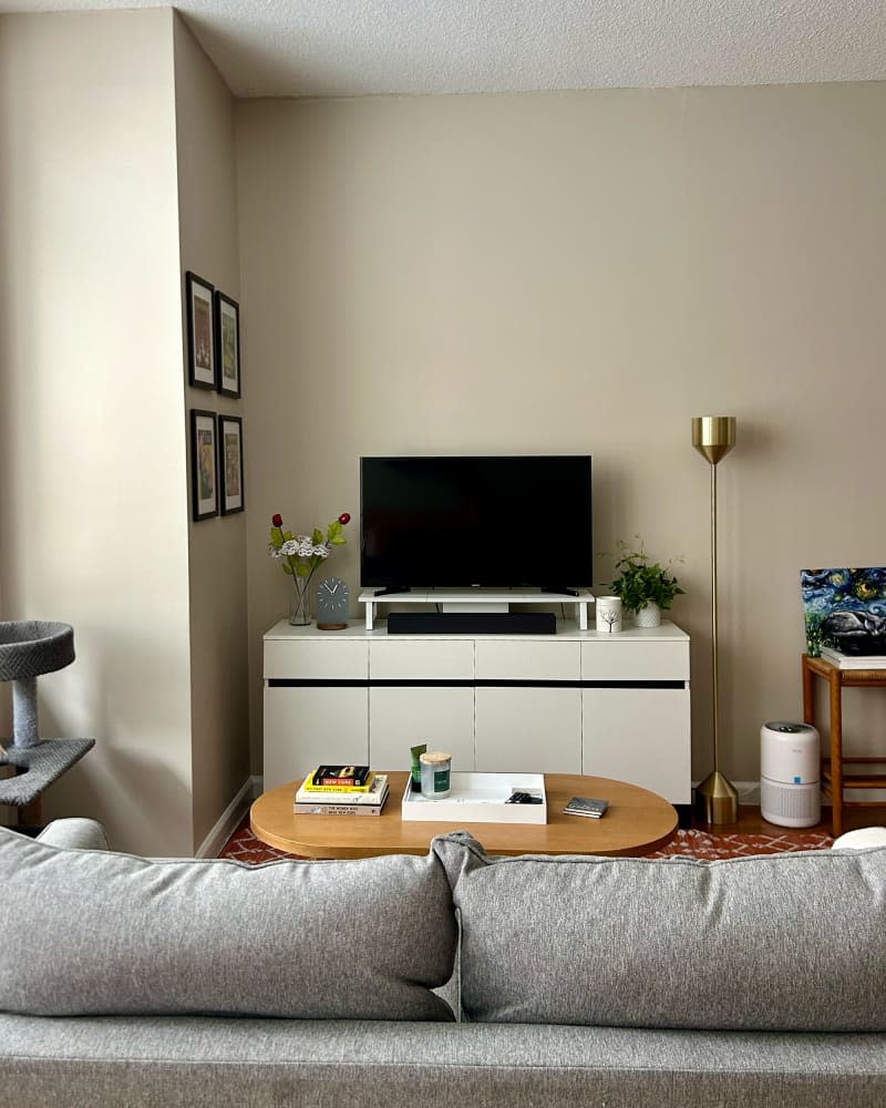 Media console in studio apartment.