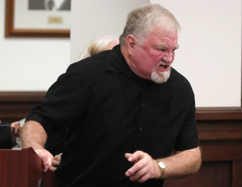 Larry Johnson, father of slain Rachel Johnson, lunges towards Daniel Rees as he gives his impact statement at Rees' plea and sentencing hearing in Summit County Common Pleas Judge Susan Baker Ross' courtroom for the 1991 murder of Rachael Johnson.
