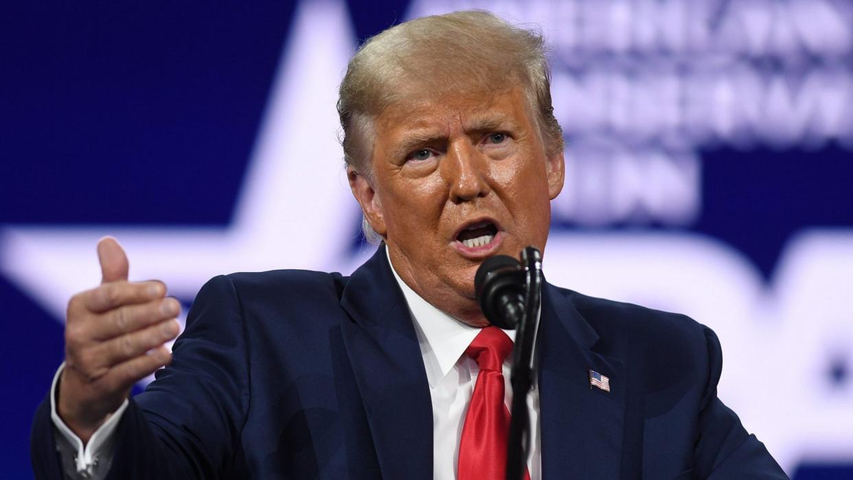 Mandatory Credit: Photo by Paul Hennessy/SOPA Images/Shutterstock (11783909c)Former President Donald Trump addresses attendees at the 2021 Conservative Political Action Conference (CPAC) at the Hyatt Regency.