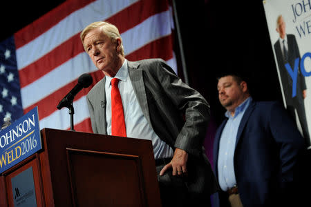 FILE PHOTO - Libertarian vice presidential candidate Bill Weld speaks at a rally in New York, U.S., September 10, 2016. REUTERS/Mark Kauzlarich