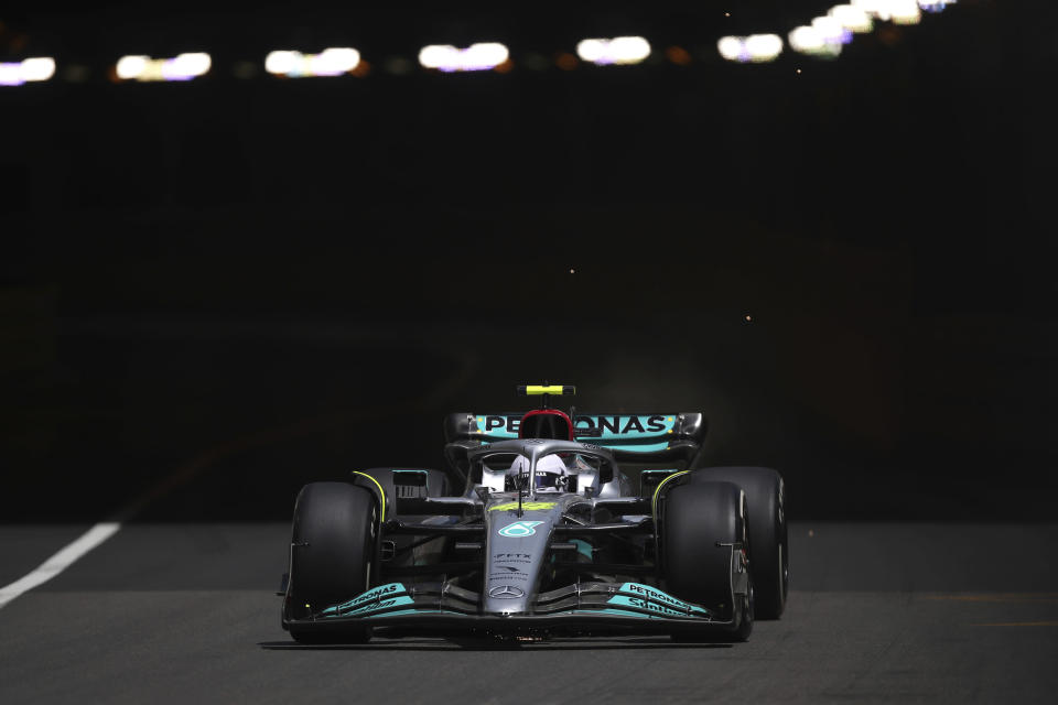 Mercedes driver Lewis Hamilton of Britain steers his car during the first free practice at the Monaco racetrack, in Monaco, Friday, May 27, 2022. The Formula one race will be held on Sunday. (AP Photo/Daniel Cole)
