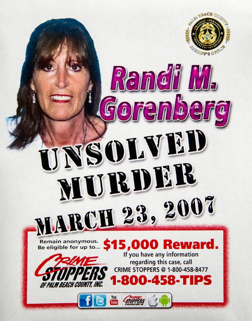A flyer offering a reward for information in the murder of Randi Gorenberg provided by PBSO at a press conference noting the anniversary of the murders of and Cynthia Moffett Thursday, March 23, 2017. The two Palm Beach County women were killed on March 23, one year apart. The murderers have never been found.