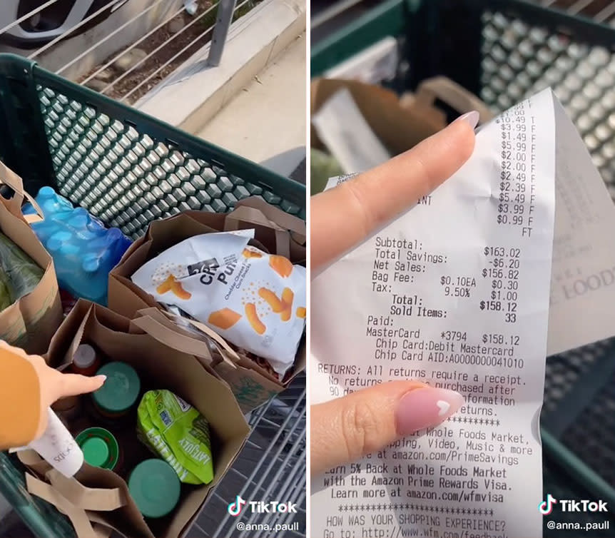 Two bags and food andone bag of drinks cost Anna Paul around $230 at Whole Foods. Source:TikTok/anna..paull