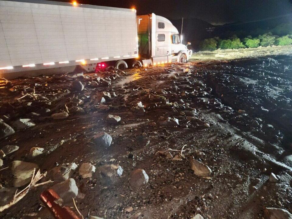 A big rig was stuck in about 3 feet of mud and rocks on Highway 126 east of Fillmore, the California Highway Patrol reported.