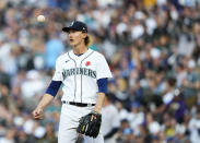 Seattle Mariners starting pitcher Bryce Miller throws a ball in the air after giving up a home run to New York Yankees' Jake Bauers during the fourth inning of a baseball game Monday, May 29, 2023, in Seattle. (AP Photo/Lindsey Wasson)
