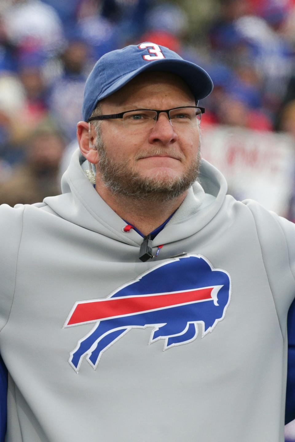 Bills assistant athletic trainer Denny Kellington looks on before an NFL football game against the New England Patriots on Sunday, Jan. 8, 2023, in Orchard Park, N.Y. (AP Photo/Joshua Bessex)