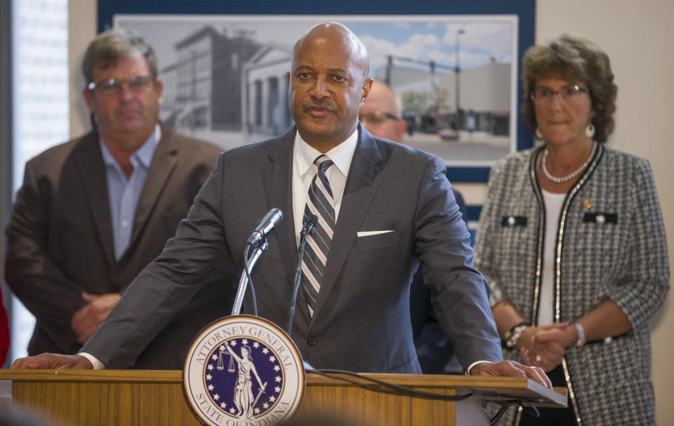 FILE - In this Oct. 3, 2019 file photo Indiana Attorney General Curtis Hill holds a news conference in South Bend, Ind., to speak about recently found fetal remains in former abortion doctor Ulrich Klopfer's home. Hill said Friday, Oct. 11, 2019, that 165 sets of fetal remains have been found in the Chicago area inside a car owned by the late Indiana abortion doctor, boosting the total number of abandoned sets of fetal remains discovered at properties linked to him to more 2,400. (Robert Franklin/South Bend Tribune via AP)