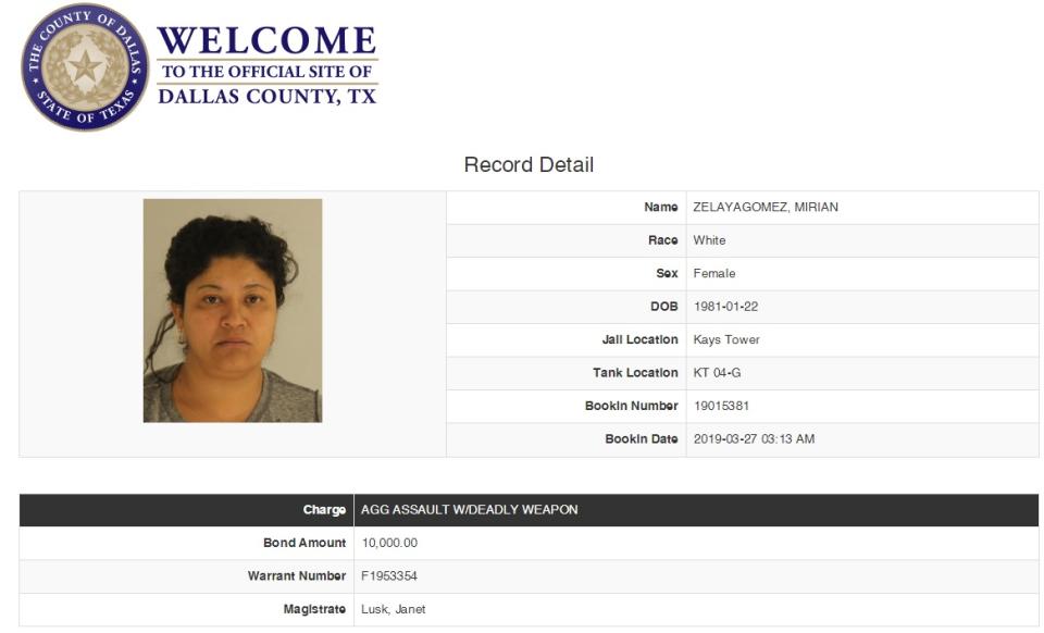 La ficha de Mirian Zelaya Gómez (conocida en las redes sociales como ‘Lady Frijoles’) tras haber sido arrestada en Dallas, Texas. (Condado de Dallas)