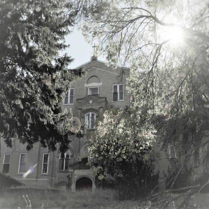 The hospital is hidden by some trees in an old photo