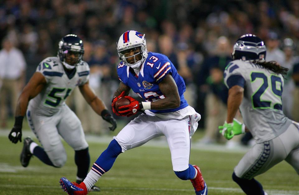 TORONTO, ON - DECEMBER 16: Steve Johnson #13 of the Buffalo Bills runs after a catch against the Seattle Seahawks at Rogers Centre on December 16, 2012 in Toronto, Ontario. (Photo by Rick Stewart/Getty Images)