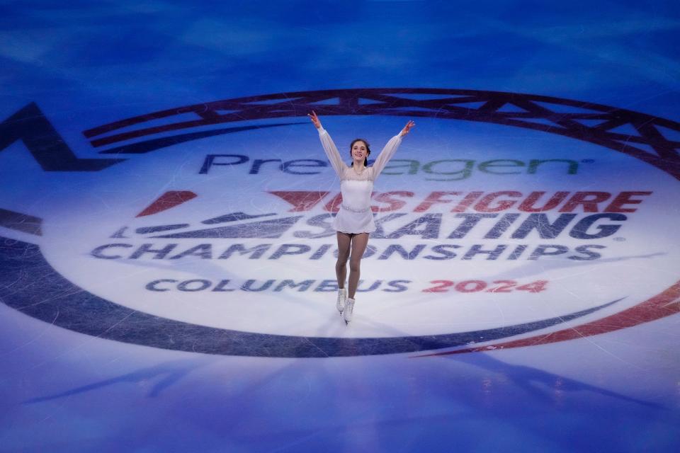 Jan 28, 2024; Columbus, Ohio, USA; Isabeau Levito performs in the Prevagen skating spectacular during the 2024 US Figure Skating Championships at Nationwide Arena. Mandatory Credit: Adam Cairns-USA TODAY Sports