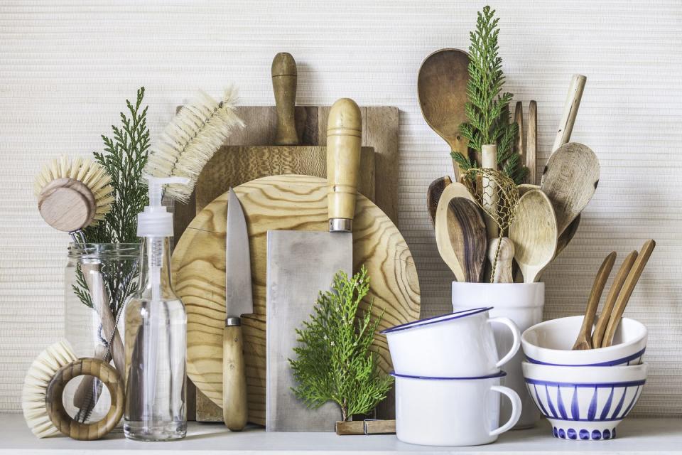 wooden utensils, chopping boards and knives