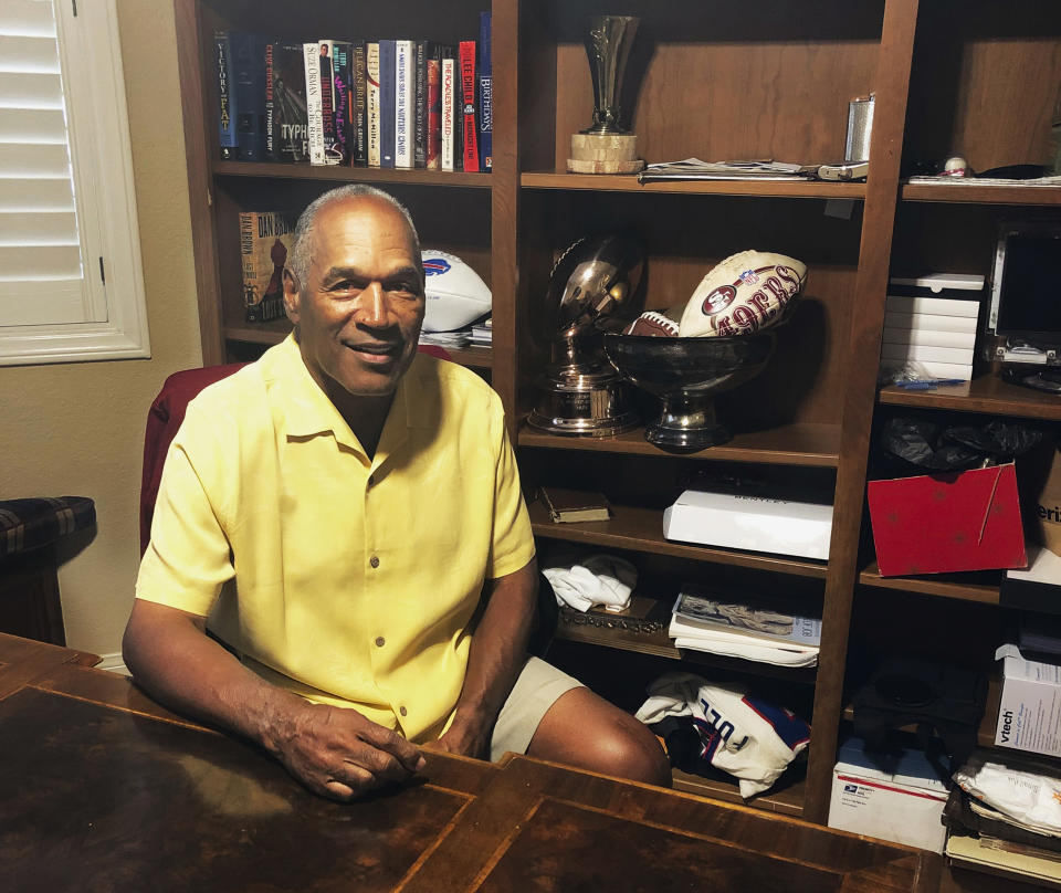 This Thursday, June 6, 2019, photo shows O.J. Simpson in his Las Vegas area home. After 25 years living under the shadow of one of the nation’s most notorious murder cases, Simpson says his life now is fine. (AP Photo)