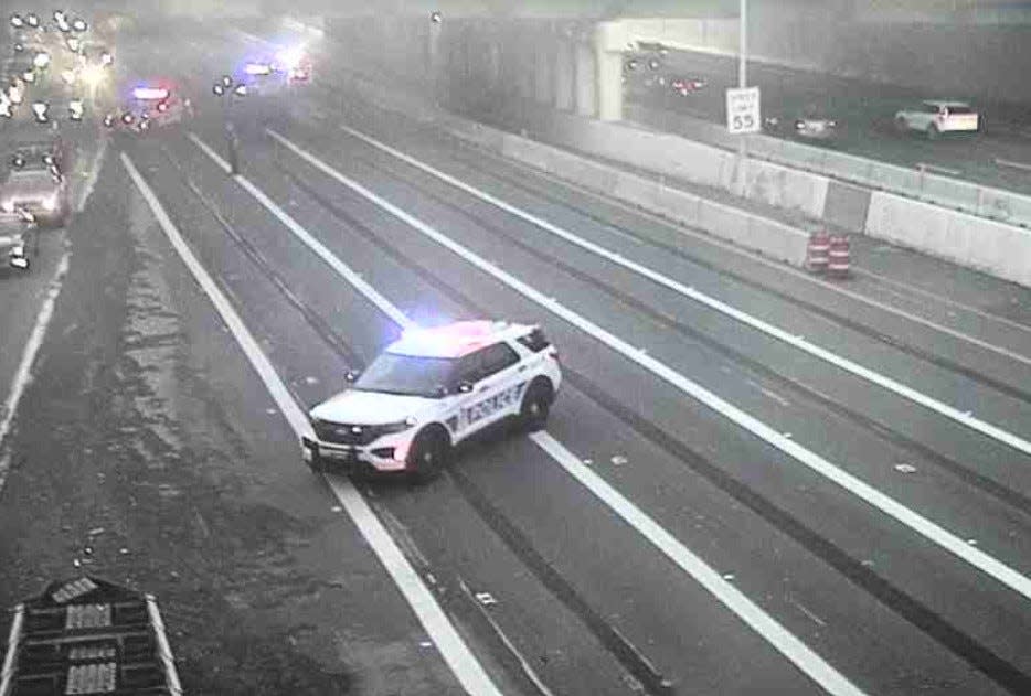 A Columbus police cruiser at I-670 eastbound at the Park Avenue cap that was among the units that diverted traffic off the interstate following a shooting further eastbound.