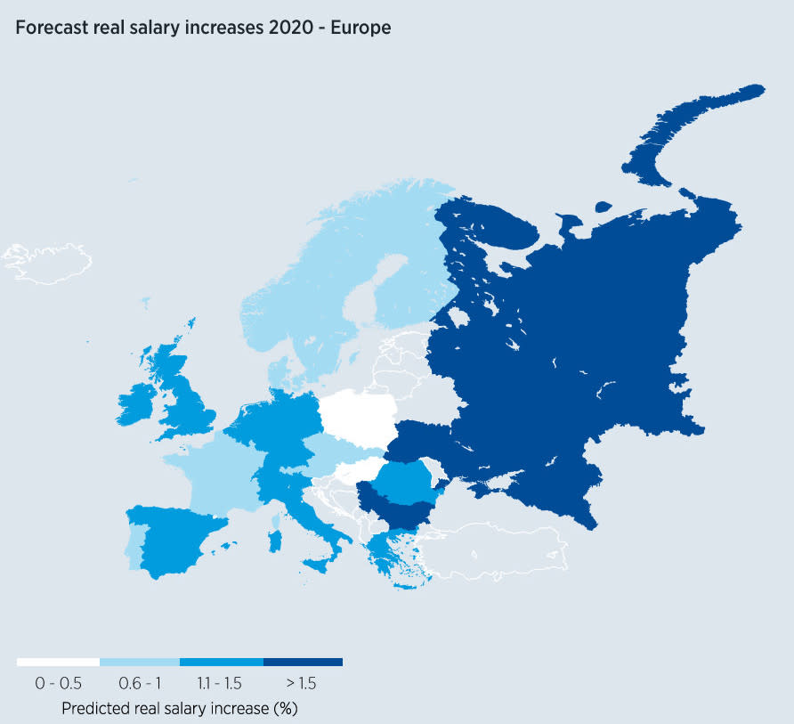 Countries where pay will rise fastest at big firms in 2020, according to ESA International.