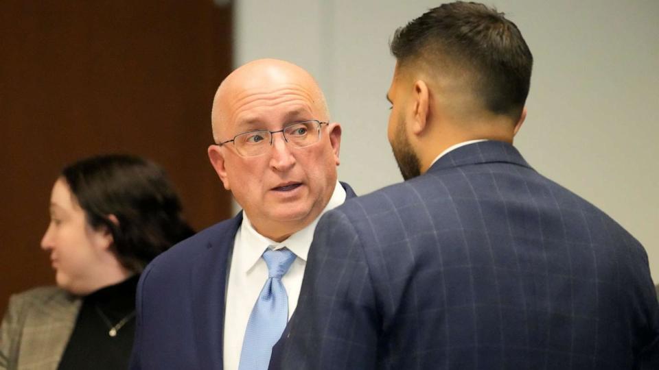 PHOTO: Robert E. Crimo Jr., talks to his attorney George Gomez as he appears before Judge George D. Strickland at the Lake County Courthouse, Nov. 6, 2023, in Waukegan, Ill. (Nam Y. Huh/AP)