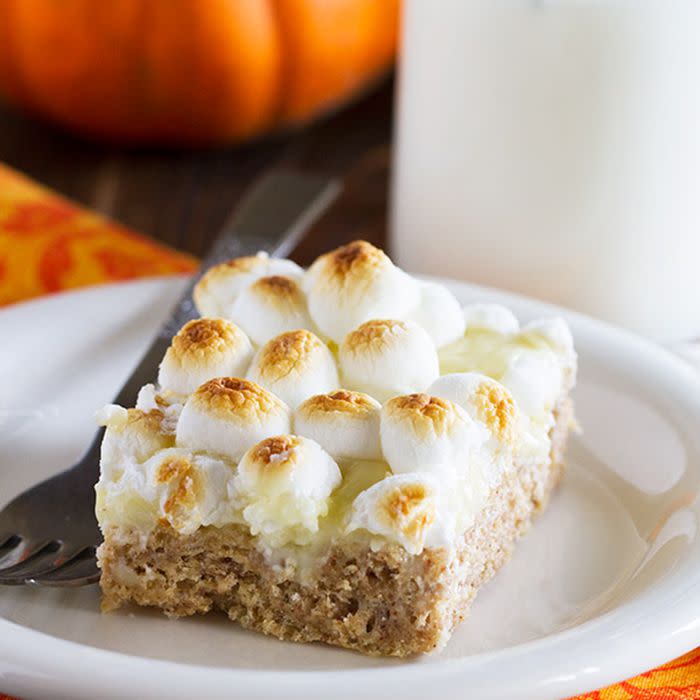 <p>Rice Krispie treats hold a special place in our hearts, but this spin on the simple, childhood treat makes it appropriate <a rel="nofollow noopener" href="https://www.redbookmag.com/food-recipes/entertaining/a41131/edible-decorations-pumpkin-dinner-rolls-thanksgiving/" target="_blank" data-ylk="slk:for the holiday;elm:context_link;itc:0;sec:content-canvas" class="link ">for the holiday</a>.</p><p><strong>Get the recipe at <a rel="nofollow noopener" href="https://www.tasteandtellblog.com/pumpkin-spice-smores-treats/" target="_blank" data-ylk="slk:Taste and Tell;elm:context_link;itc:0;sec:content-canvas" class="link ">Taste and Tell</a>.</strong></p>