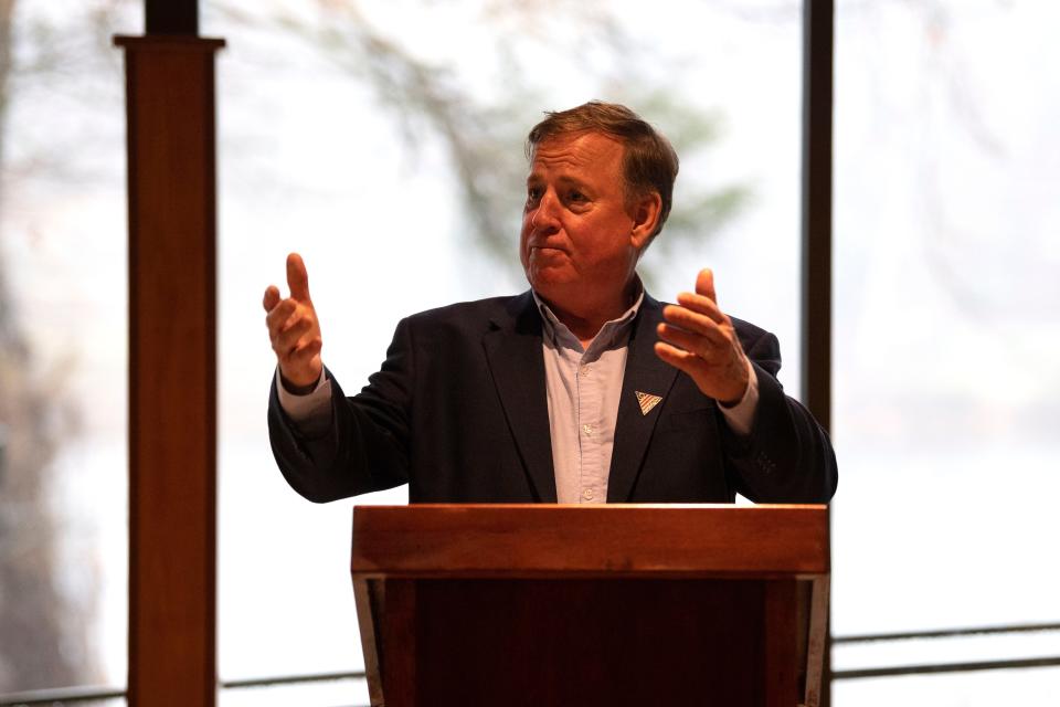 Board chair Andrew Hamilton makes the closing remarks at Waste Management's check presentation to the alliance at Washington Crossing State Park Visitor Center in Washington Crossing on Wednesday, Nov. 30, 2022.