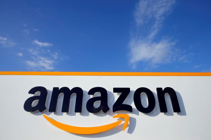 FILE PHOTO: The logo of Amazon is seen at the company logistics centre in Boves