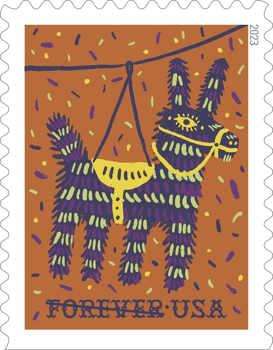 This image provided by the U.S. Postal Service shows one of four new stamps released Friday, Sept. 8, 2023, that highlight the piñata as part of a monthlong recognition of Hispanic heritage in the United States. (U.S. Postal Service via AP)